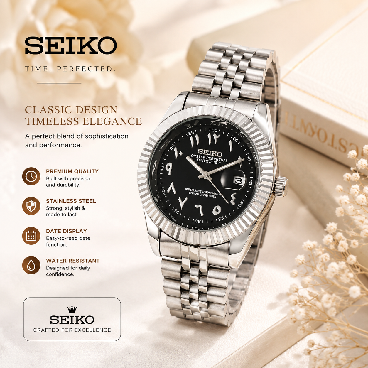 Seiko Luxe Quartz Watch – Stainless Steel Date Display
